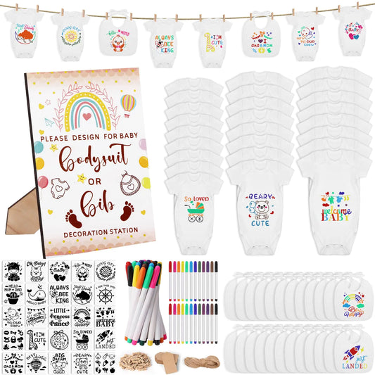 Pydeeirom 201 Pcs Baby Shower Set Baby Shower Game Sign Baby Bib Bodysuit White Baby Bib Newborn Bodysuit Baby Shower White Onesie Decorating Kit(Rainbow)