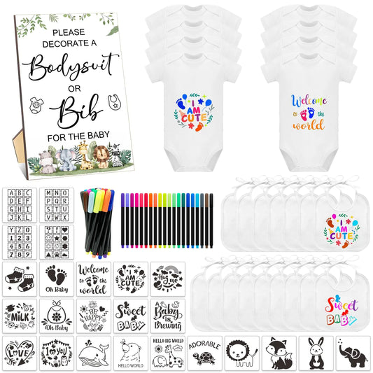SytuHete 69 Pcs Baby Bib Bodysuit Baby Shower Set Baby Shower Game Sign Baby Feeder Bib Newborn Bodysuit Fabric Marker