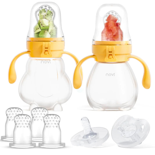 NCVI Baby Fruit Food Feeder Silicone Fruit Pacifier Feeder Set of 2 Mesh Feeder with Extra 6 Pacifiers Teething Relief Toy Baby Self Feeding for Fresh Food Fruit & Vegetable BPA-Free Yellow