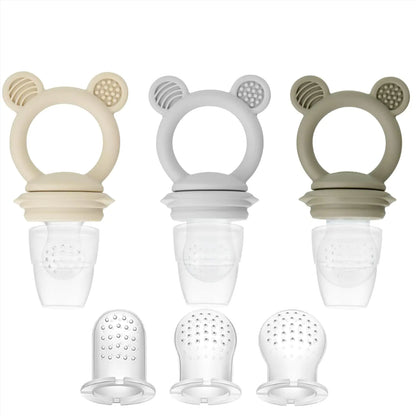 PandaEar 3 Pack Baby Fruit & Food Feeder Pacifier Silicone Feeder Pacifier with 3 Sizes Pouches for Babies Toddlers Infants Kids BPA-Free Food Grade Soft Safe -Tan/Grey/Brown