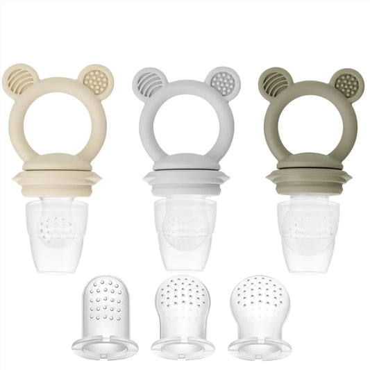 PandaEar 3 Pack Baby Fruit & Food Feeder Pacifier Silicone Feeder Pacifier with 3 Sizes Pouches for Babies Toddlers Infants Kids BPA-Free Food Grade Soft Safe -Tan/Grey/Brown